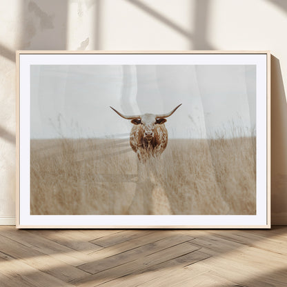 20927060-MGV-CV-36X24-Texas Longhorn Wall Art Canvas Print, Framed Lone Cattle Art Picture Print, Longhorn Bull Perfect Rustic Western Decor Artwork