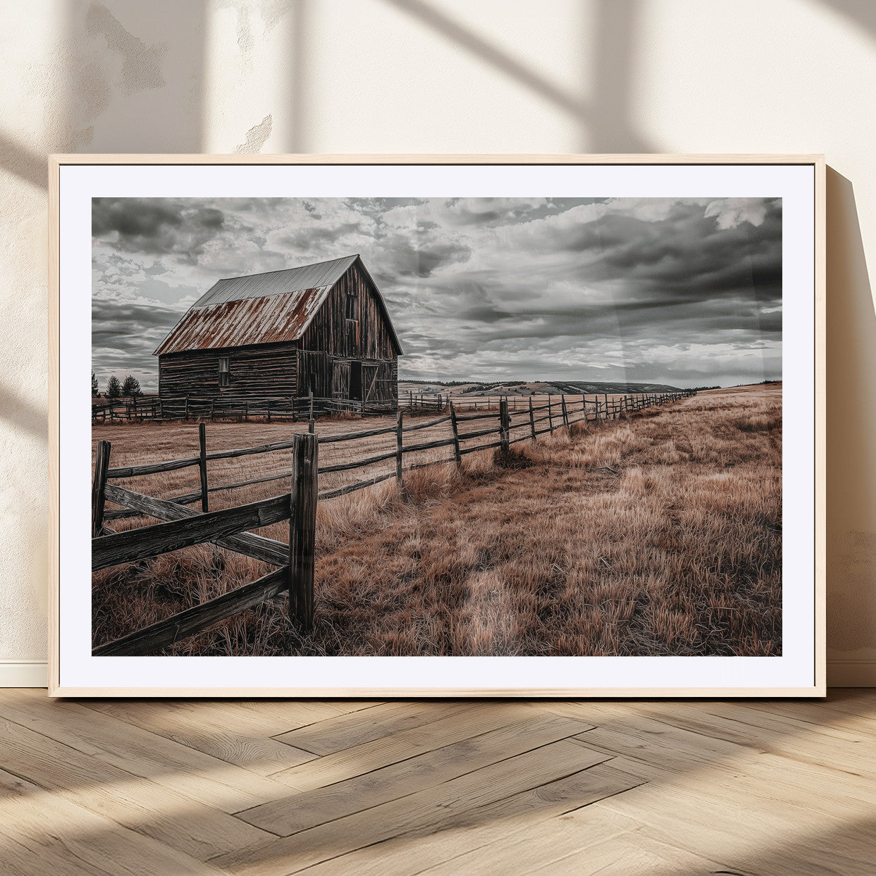 73898372-MGV-CV-36X24-Rustic Barn Wall Art Canvas Print, Framed Moody Field Art Picture Print, Weathered Fence Perfect Moody Farmhouse Decor Artwork