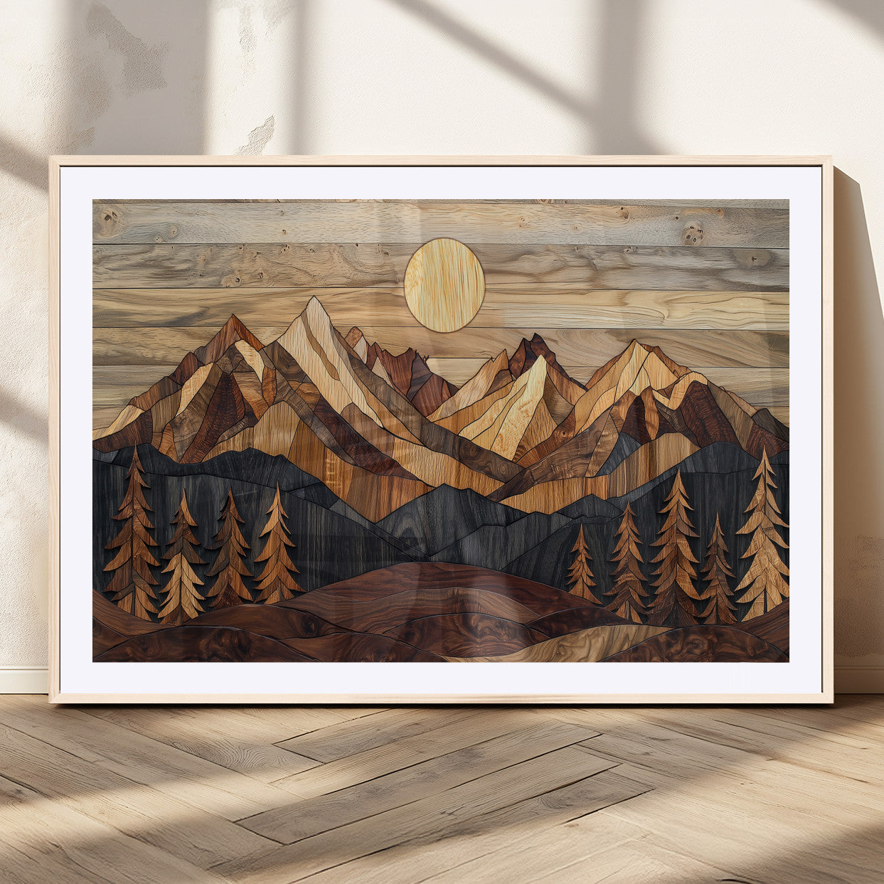 39116082-MGC-FP-36x24_Natural-Wood Mountain Landscape Wall Art Canvas Print, Framed Sunset Hills Art Picture Print, Abstract Nature Perfect Boho Decor Artwork
