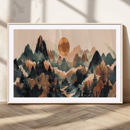 13012770-MGV-CV-36X24-Mountain Landscape Wall Art – Modern Nature Canvas Print with Sun, Misty Peaks, and Forest in Orange and Green Tones for Living