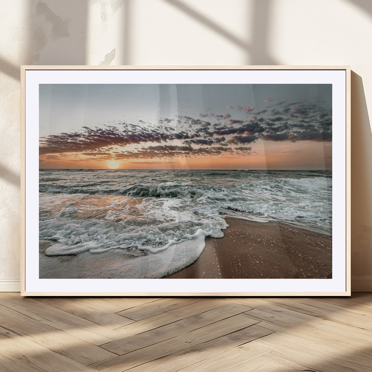 40632752-MGC-FP-36x24_Natural-Ocean Sunset Wall Art Canvas Print, Framed Beach Waves Art Picture Print, Coastal Scene Perfect Coastal Decor Artwork