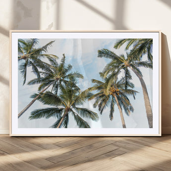 87247012-MGC-FP-36x24_Natural-Skyward Palm Trees Wall Art Canvas Print, Framed Tropical Sky Art Picture Print, Coconut Palm Perfect Tropical Skyview Decor
