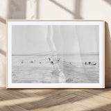 33449548-MGC-FP-36x24_Natural-Group Surfers Wall Art Canvas Print, Framed Ocean Wave Art Picture Print, Surf Crowd Perfect Monochrome Surf Decor Artwork