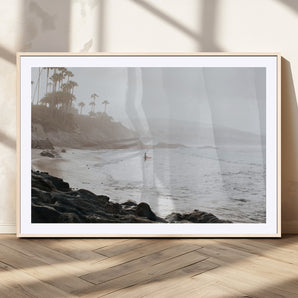 62501405-MGC-FP-36x24_Natural-Misty Beach Wall Art Canvas Print, Framed California Surfer Art Picture Print, Coastal Cliff Perfect Coastal Beach Decor Artwork