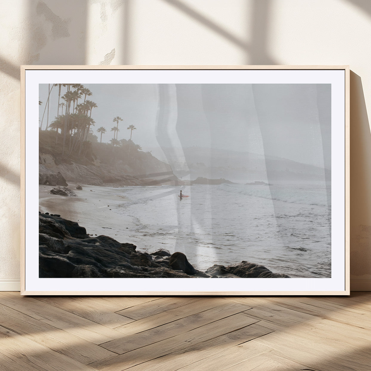 62501405-MGV-CV-36X24-Misty Beach Wall Art Canvas Print, Framed California Surfer Art Picture Print, Coastal Cliff Perfect Coastal Beach Decor Artwork
