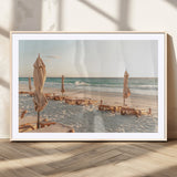 58507949-MGV-CV-36X24-Beach Umbrellas Wall Art Canvas Print, Framed Empty Loungers Art Picture Print, Soft Sand Perfect Minimalist Seaside Decor Artwork