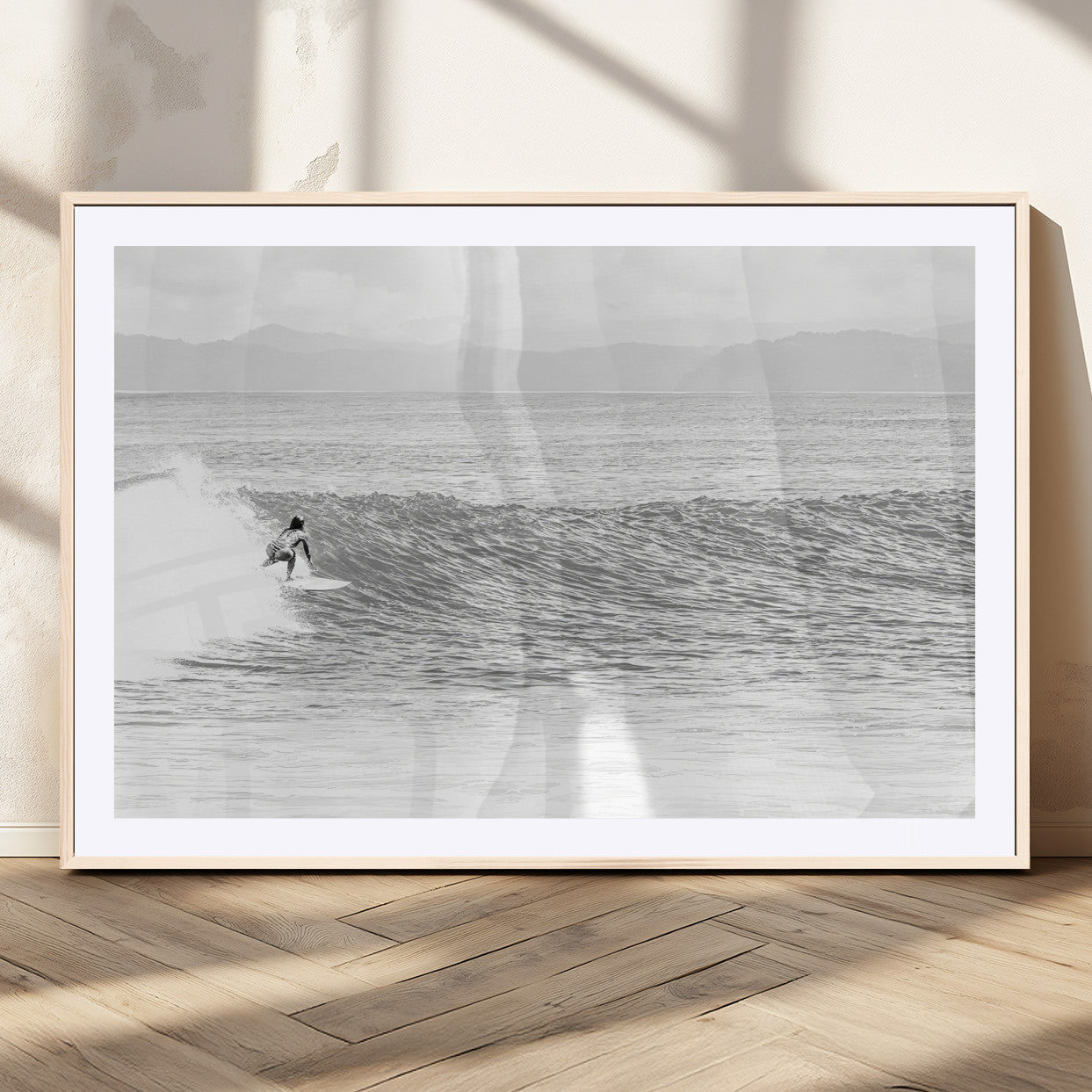 81535128-MGC-FP-36x24_Natural-Surfer Woman Wall Art Canvas Print, Framed Black Ocean Art Picture Print, Ocean Surfing Perfect Monochrome Coastal Decor Artwork
