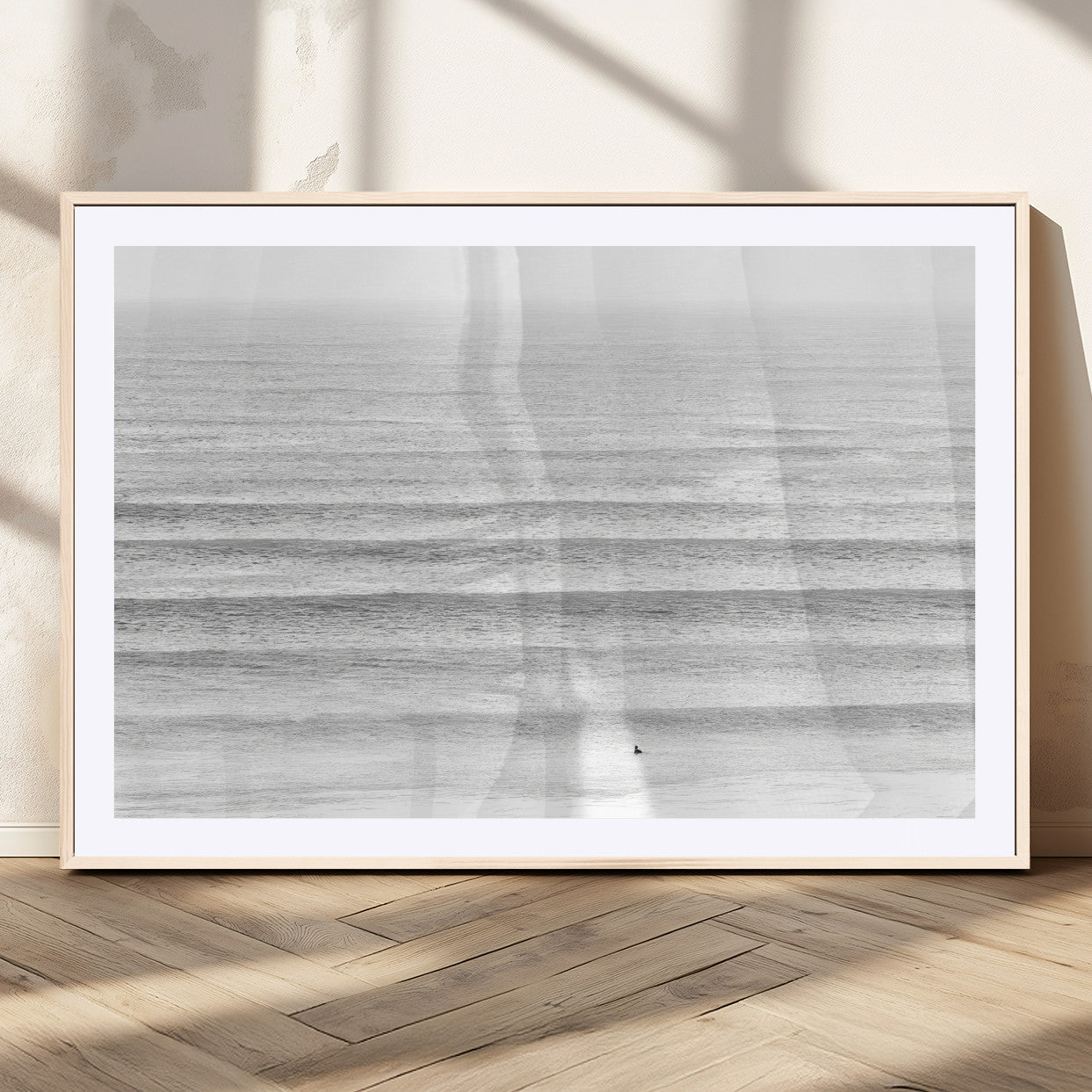 66534476-MGC-FP-36x24_Natural-Lone Surfer Wall Art Canvas Print, Framed Ocean Waves Art Picture Print, Minimal Sea Perfect Minimal Coastal Decor Artwork