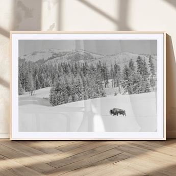 68081143-MGC-FP-36x24_Natural-Snowy Bison Wall Art Canvas Print, Framed Winter Forest Art Picture Print, Lone Bison Perfect Monochrome Winter Wild Decor Artwork