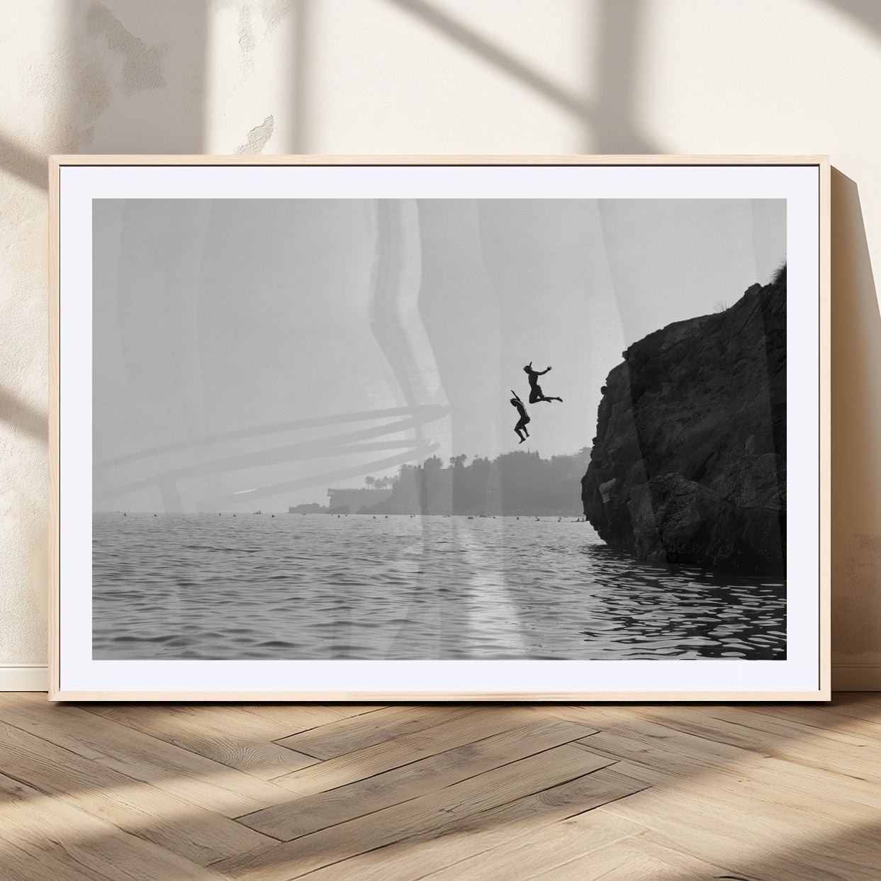 52284302-MGV-CV-36X24-Cliff Jumping Wall Art Canvas Print, Framed Ocean Adventure Art Picture Print, Black White Coast Perfect Modern Coastal Decor