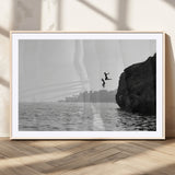 52284302-MGV-CV-36X24-Cliff Jumping Wall Art Canvas Print, Framed Ocean Adventure Art Picture Print, Black White Coast Perfect Modern Coastal Decor