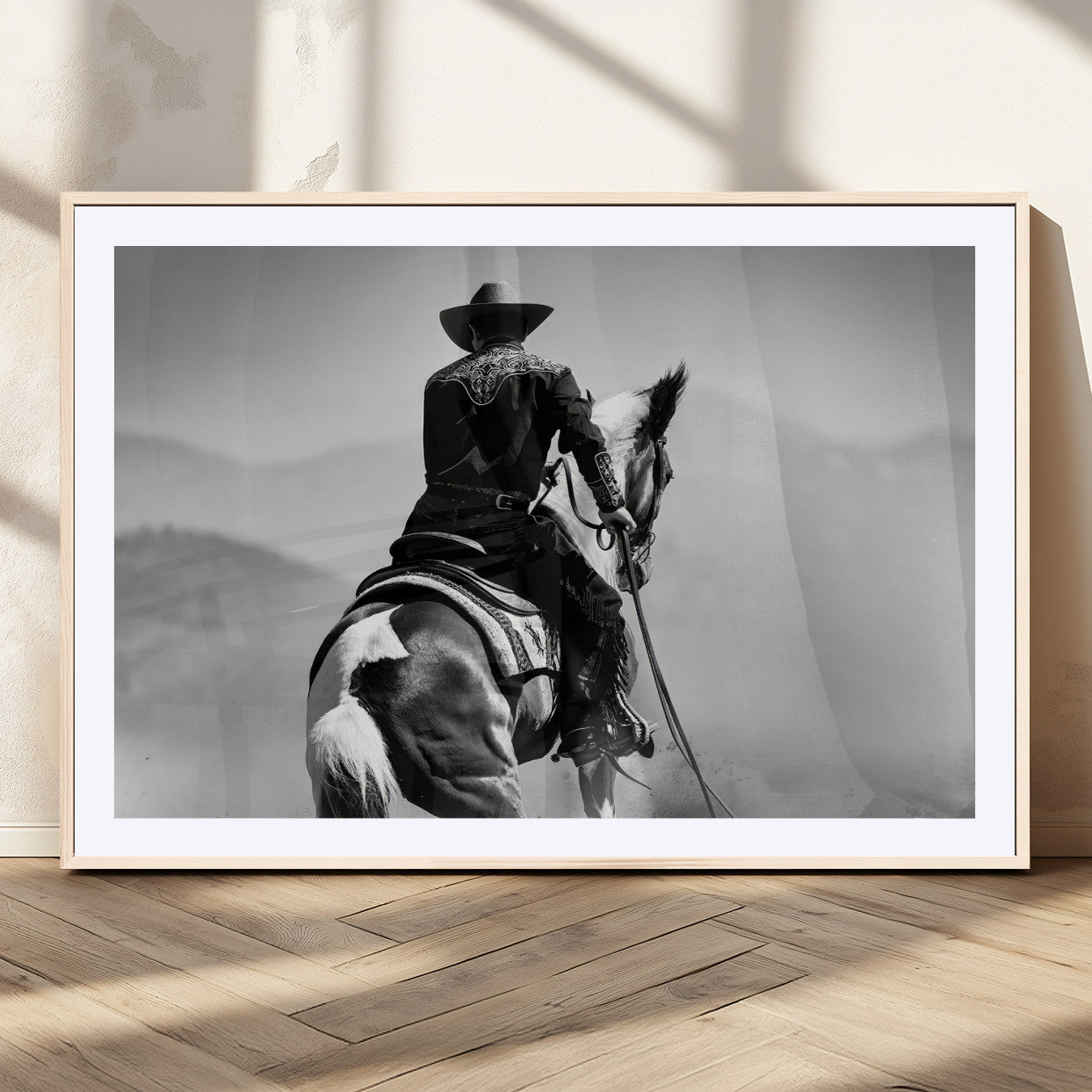 83102464-MGV-CV-36X24-Western Cowboy Wall Art Canvas Print, Framed Monochrome Horse Art Picture Print, Western Equestrian Perfect Rustic Western Decor