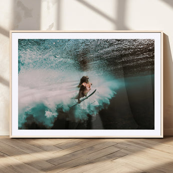 85923512-MGC-FP-36x24_Natural-Aquatic Motion Wall Art Canvas Print, Framed Underwater Swimming Art Picture Print, Female Surfer Diving Perfect Coastal Boho