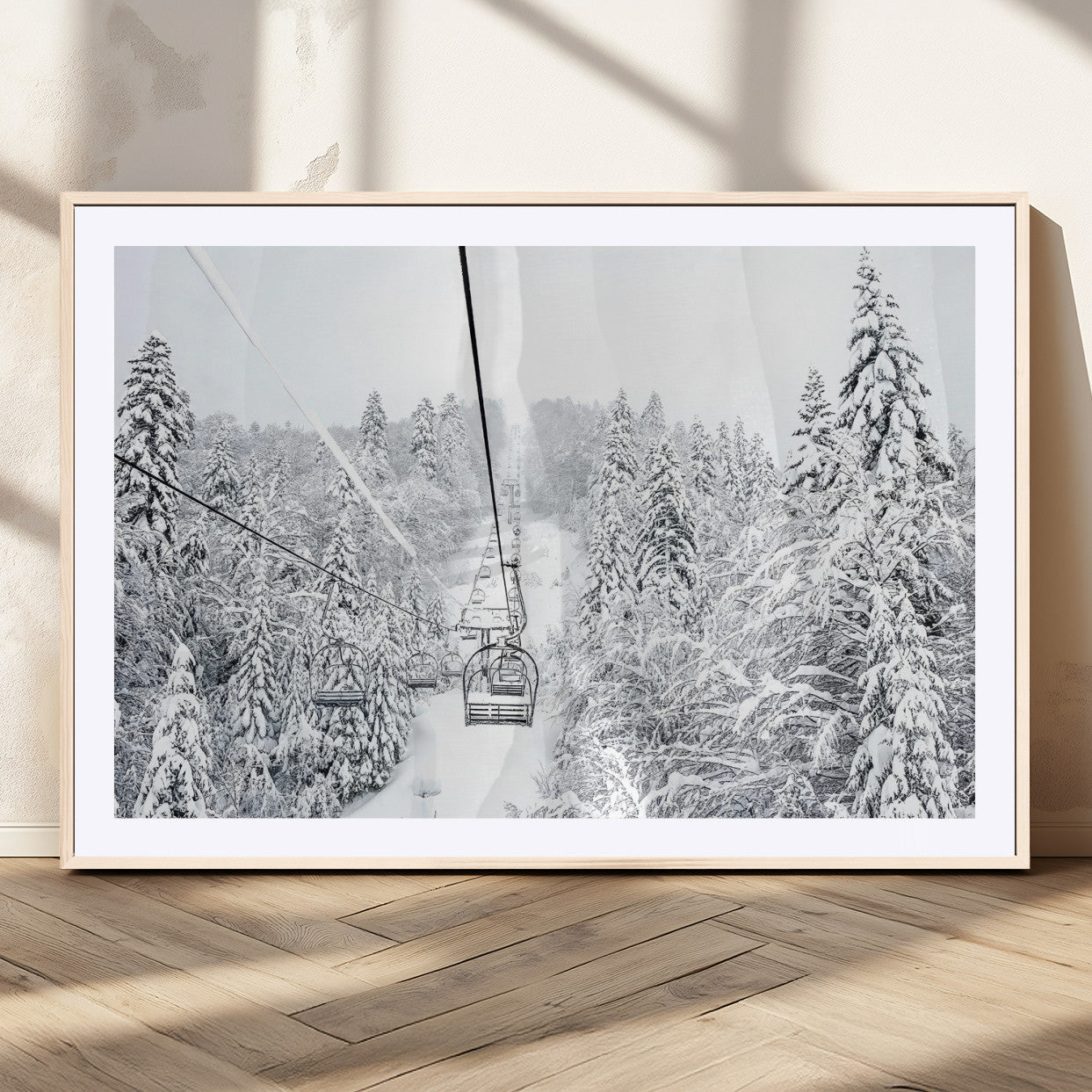 44705668-MGC-FP-36x24_Natural-Winter Forest Wall Art Canvas Print, Framed Snowy Forest Art Picture Print, Ski Lift Perfect Scandinavian Decor Artwork