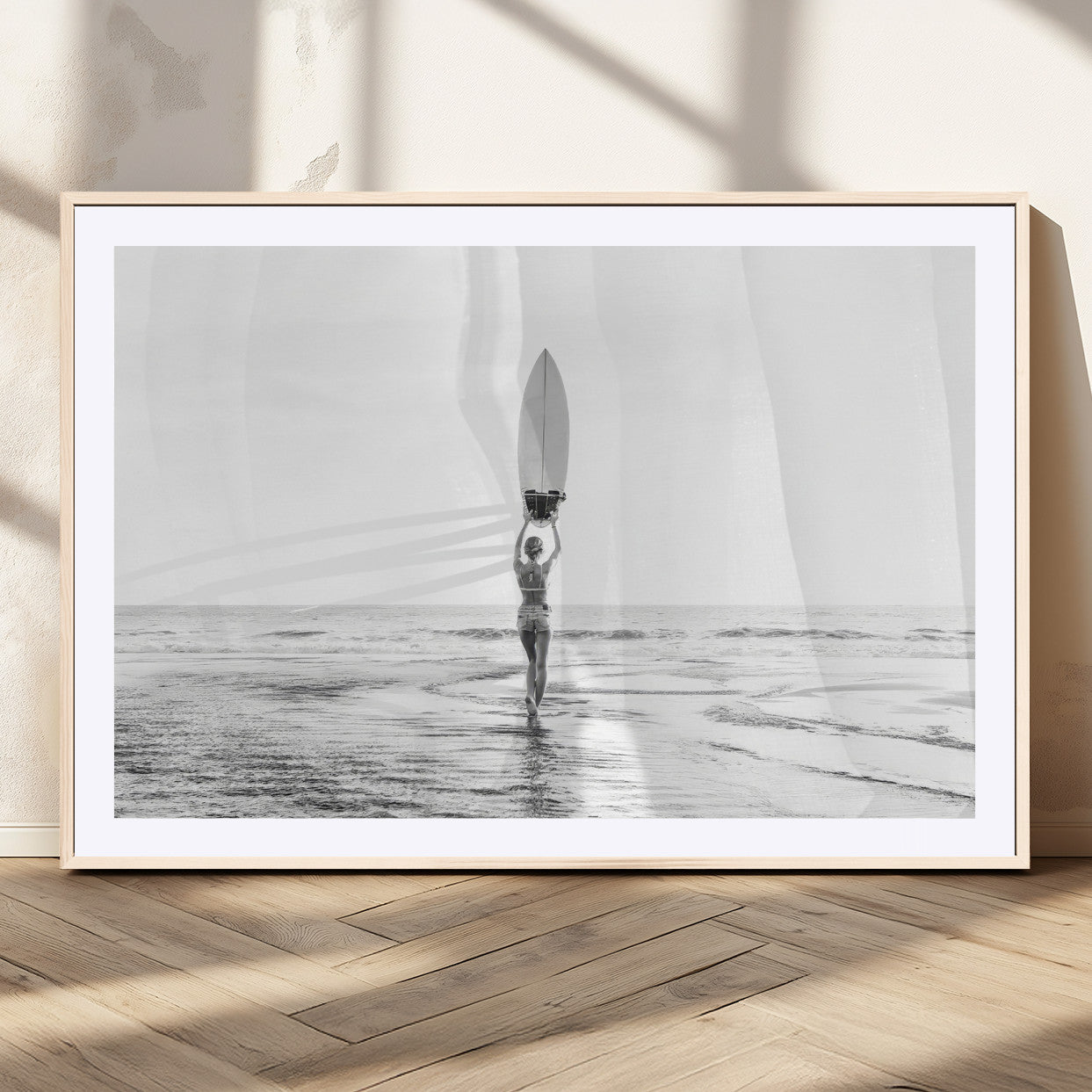 98446901-MGC-FP-36x24_Natural-Monochrome Surf Wall Art Canvas Print, Framed Minimalist Surfer Art Picture Print, Surfboard Silhouette Perfect Coastal Minimalist