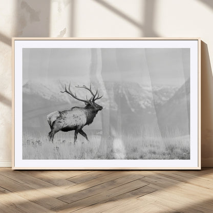 62278753-MGV-CV-36X24-Monochrome Elk Wall Art Canvas Print, Framed Mountain Wildlife Art Picture Print, Rustic Nature Perfect Rustic Minimalist Decor