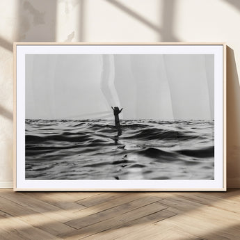 69541918-MGC-FP-36x24_Natural-Black White Ocean Wall Art Canvas Print, Framed Moody Seascape Art Picture Print, Surfer Sign Perfect Moody Minimalist Decor