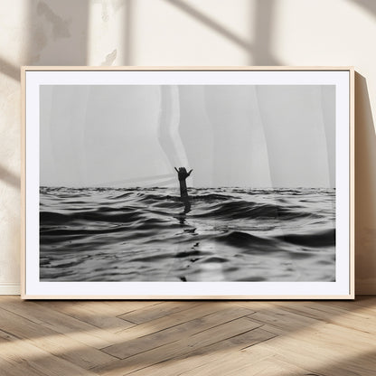 69541918-MGV-CV-36X24-Black White Ocean Wall Art Canvas Print, Framed Moody Seascape Art Picture Print, Surfer Sign Perfect Moody Minimalist Decor