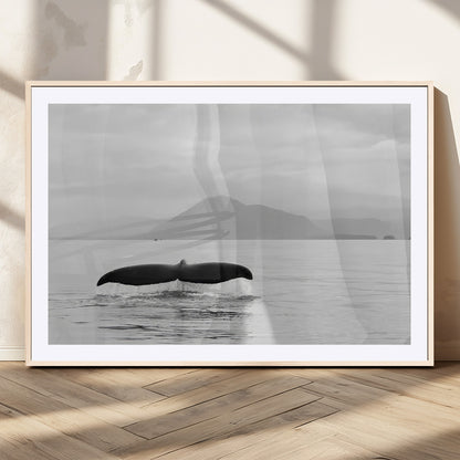 30524220-MGC-FP-36x24_Natural-Whale Tail Wall Art Canvas Print, Framed Black White Ocean Art Picture Print, Calm Marine Perfect Minimalist Coastal Decor Artwork