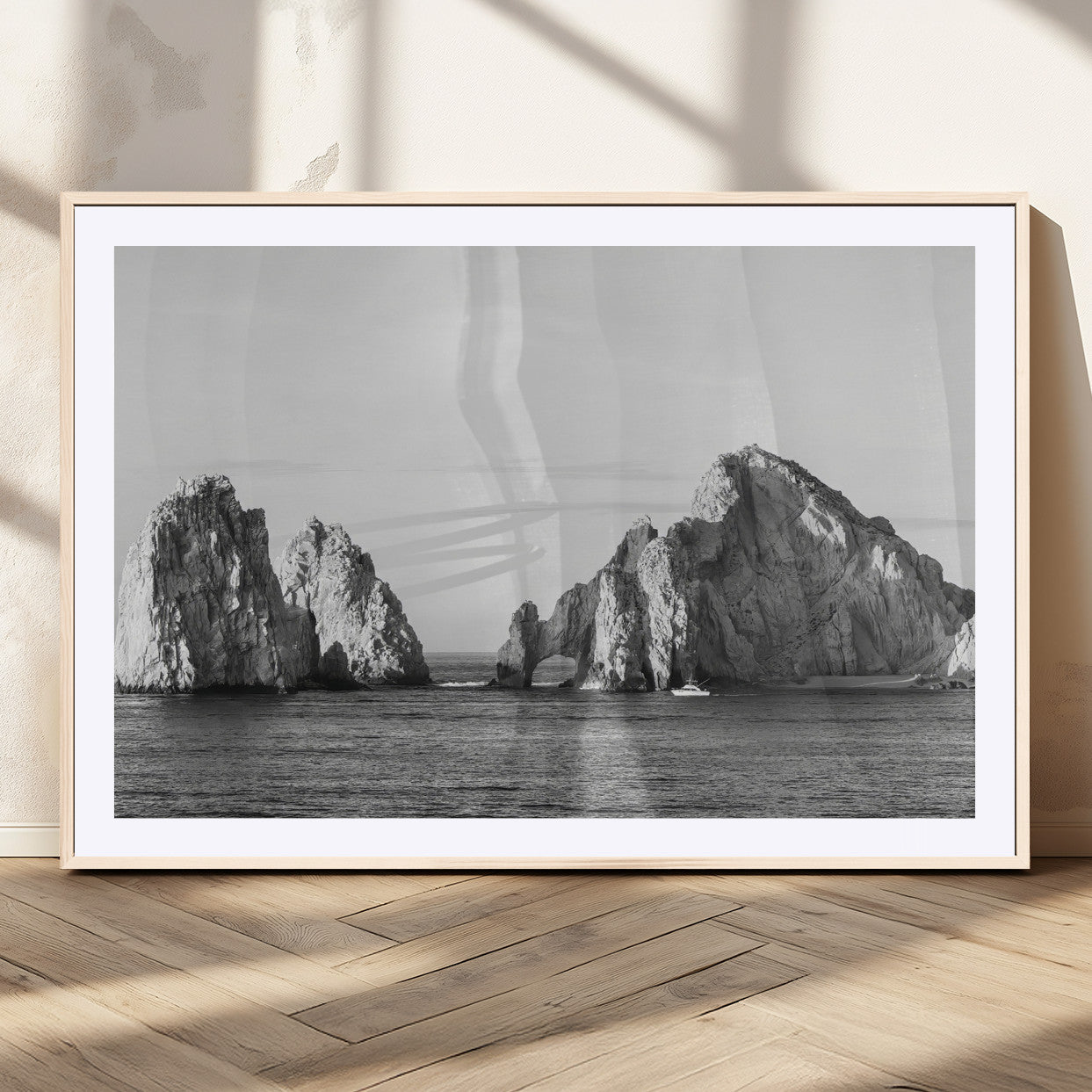 18810731-MGC-FP-36x24_Natural-Rugged Coastline Wall Art Canvas Print, Framed Ocean Cliffs Art Picture Print, Monochrome Seascape Perfect Coastal Minimalist