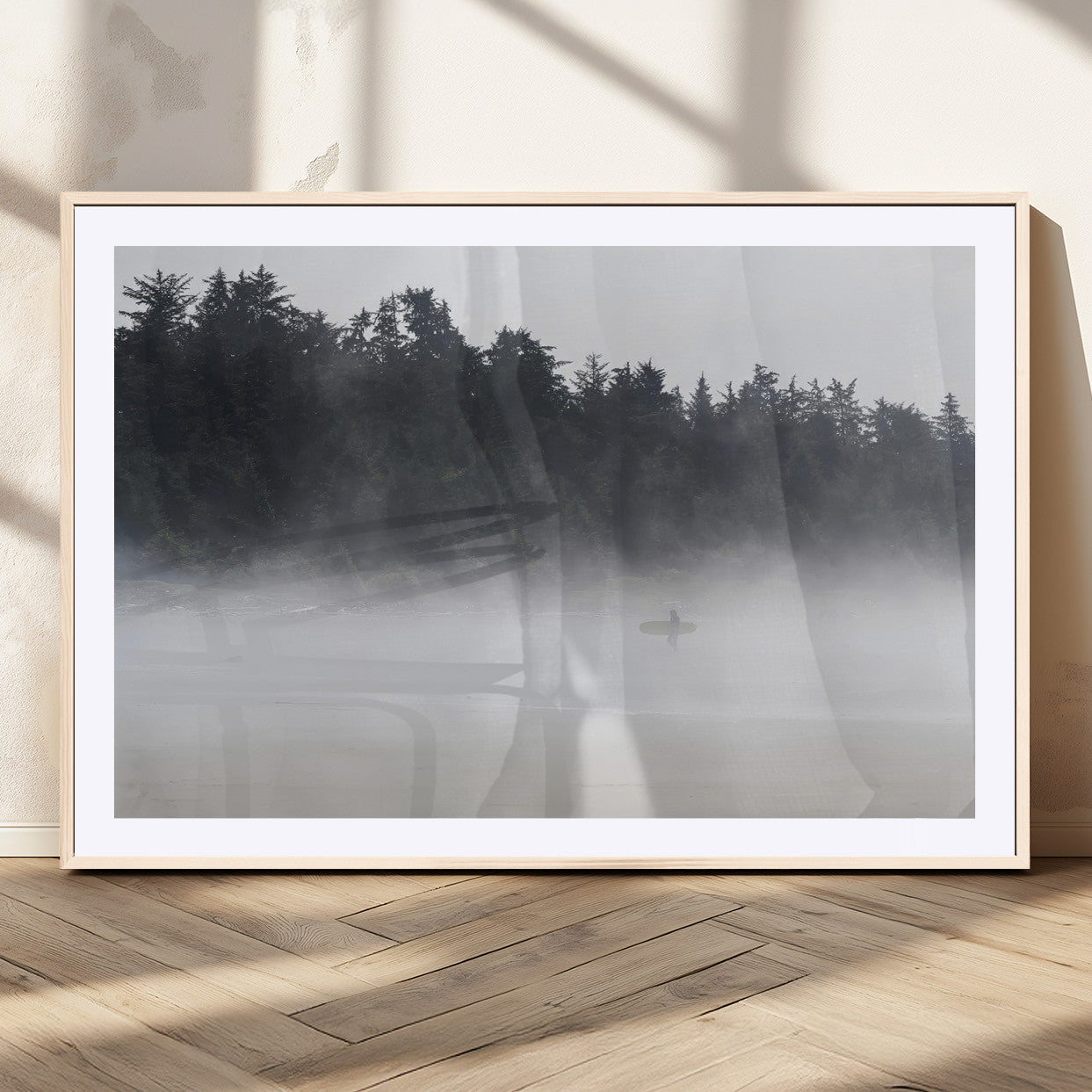 59703275-MGC-FP-36x24_Natural-Surfer in Fog Wall Art Canvas Print, Framed Foggy Beach Art Picture Print, Coastal Surf Perfect Moody Coastal Decor Artwork