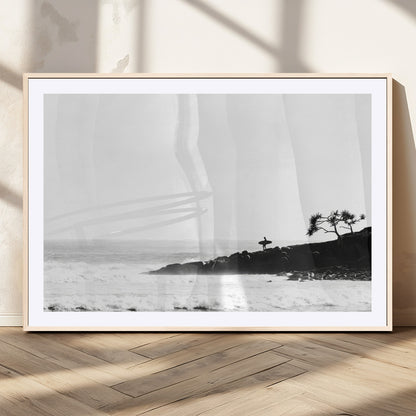 40875891-MGV-CV-36X24-SurferCliffs Wall Art Canvas Print, Framed Black White Beach Art Picture Print, Ocean Waves Perfect Minimalist Coastal Decor