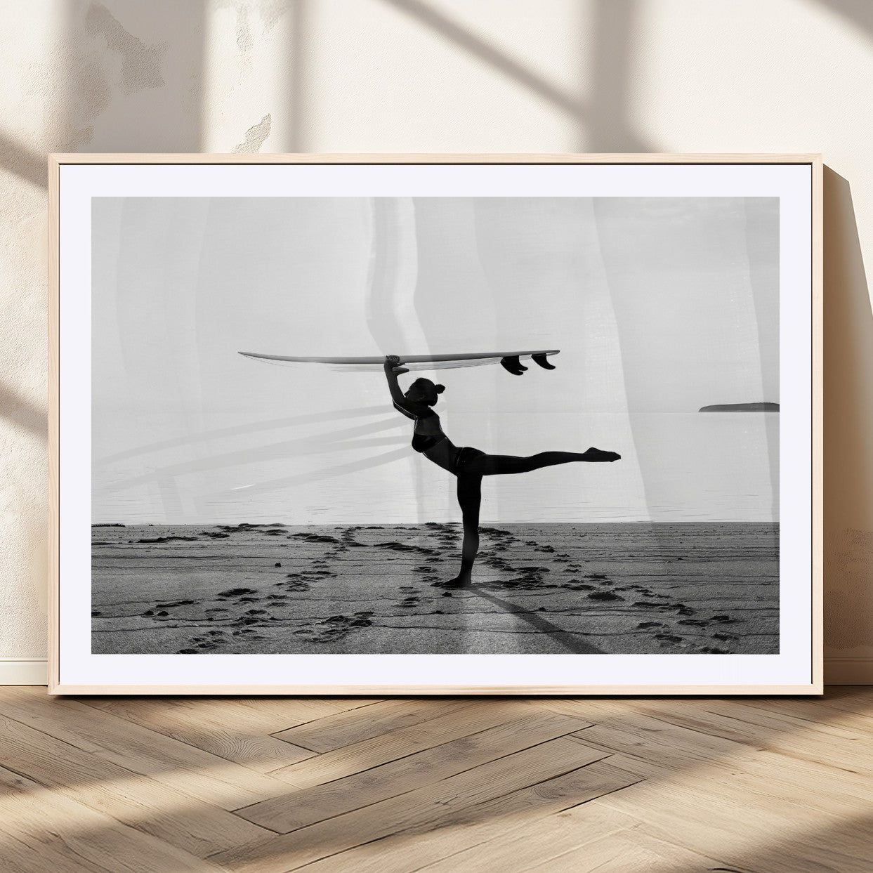 28441356-MGC-FP-36x24_Natural-Yoga Surf Wall Art Canvas Print, Framed Black White Shore Art Picture Print, Peaceful Ocean Perfect Minimalist Coastal Decor