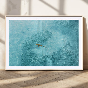 43671474-MGV-CV-36X24-Fish Swarm Wall Art Canvas Print, Framed Marine Life Art Picture Print, Shark Aerial Perfect Wildlife Coastal Decor Artwork