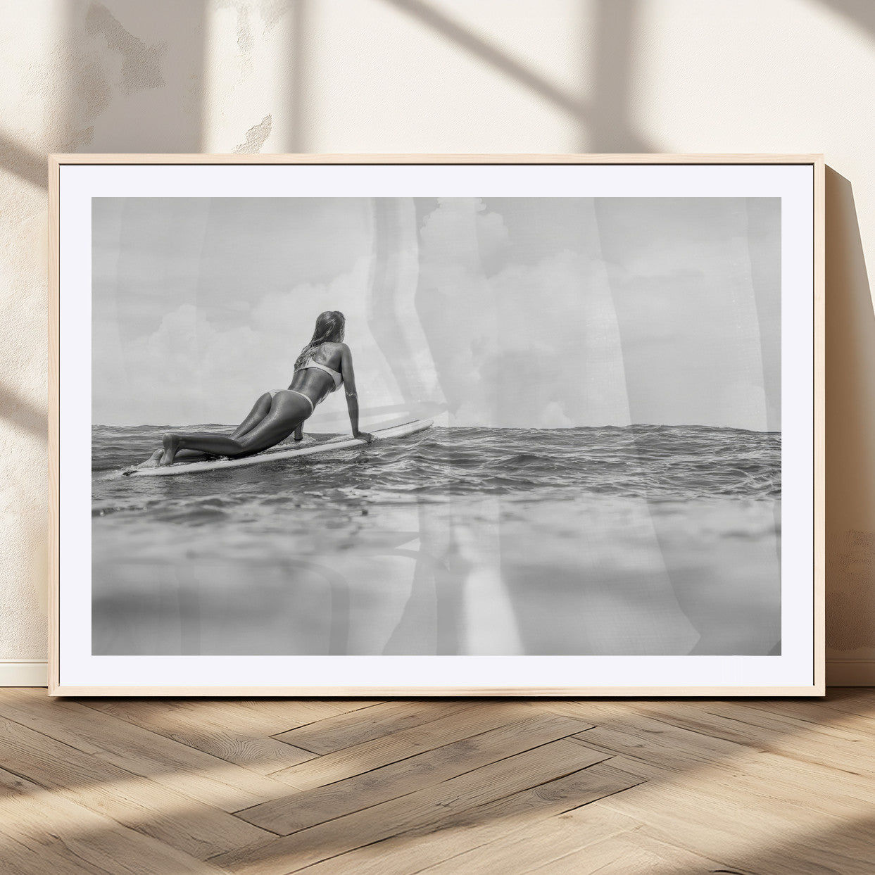 69798068-MGC-FP-36x24_Natural-Black White Surfing Wall Art Canvas Print, Framed Ocean Horizon Art Picture Print, Surfer Girl Perfect Coastal Adventure Decor
