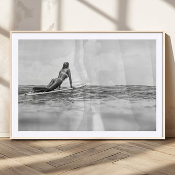 69798068-MGC-FP-36x24_Natural-Black White Surfing Wall Art Canvas Print, Framed Ocean Horizon Art Picture Print, Surfer Girl Perfect Coastal Adventure Decor