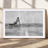 69798068-MGV-CV-36X24-Black White Surfing Wall Art Canvas Print, Framed Ocean Horizon Art Picture Print, Surfer Girl Perfect Coastal Adventure Decor