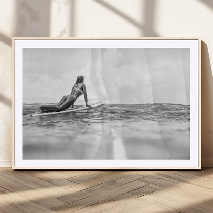 69798068-MGV-CV-36X24-Black White Surfing Wall Art Canvas Print, Framed Ocean Horizon Art Picture Print, Surfer Girl Perfect Coastal Adventure Decor
