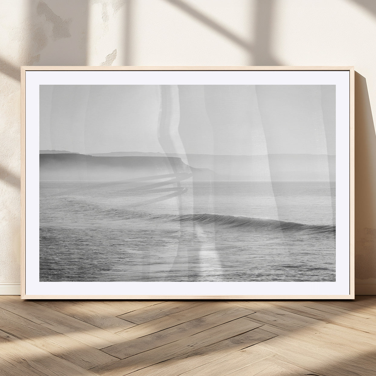 60635783-MGC-FP-36x24_Natural-Black White Seascape Wall Art Canvas Print, Framed Ocean Waves Art Picture Print, Misty Coastal Perfect Minimalist Coastal Decor