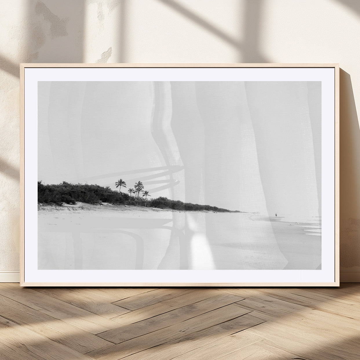 29611516-MGV-CV-36X24-Black White Beach Wall Art Canvas Print, Framed Palm Trees Art Picture Print, Monochrome Tropical Perfect Minimalist Coastal Decor
