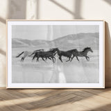 69934913-MGC-FP-36x24_Natural-Wild Horses Running Wall Art Canvas Print, Framed Black White Mustangs Art Picture Print, Rustic Western Perfect Rustic Western