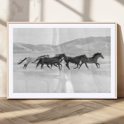 69934913-MGC-FP-36x24_Natural-Wild Horses Running Wall Art Canvas Print, Framed Black White Mustangs Art Picture Print, Rustic Western Perfect Rustic Western