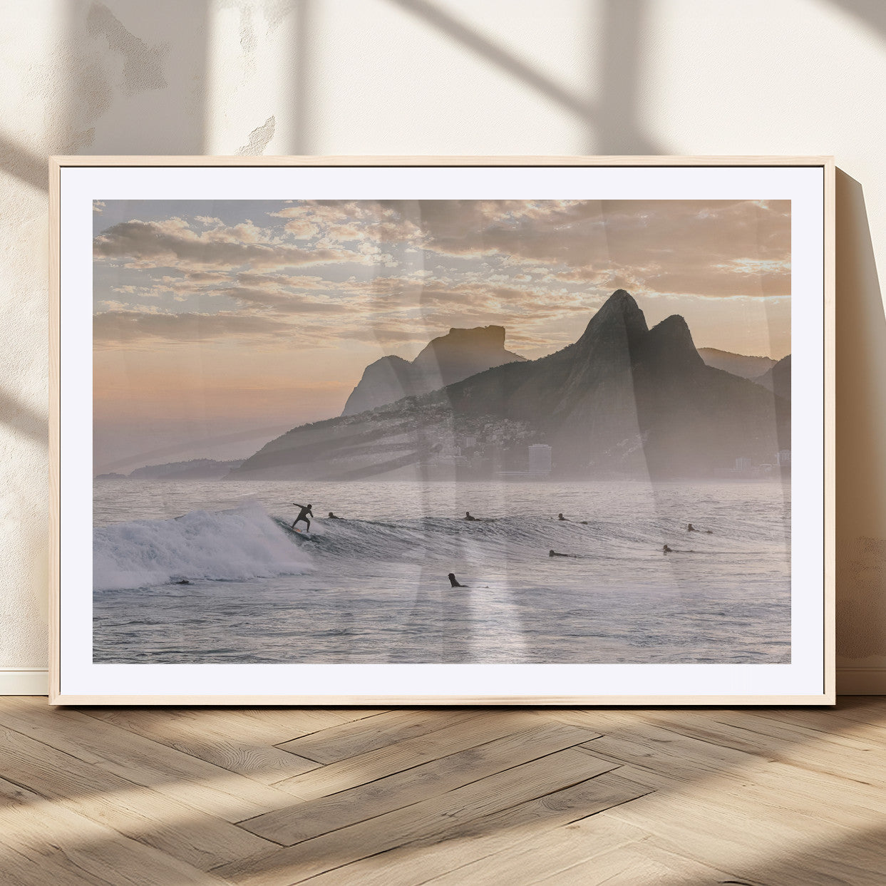 70644906-MGV-CV-36X24-Sunset Surfing Wall Art Canvas Print, Framed Misty Mountains Art Picture Print, Surfer Riding Wave Perfect Coastal Adventure Decor