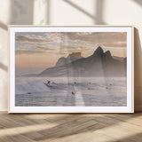 70644906-MGV-CV-36X24-Sunset Surfing Wall Art Canvas Print, Framed Misty Mountains Art Picture Print, Surfer Riding Wave Perfect Coastal Adventure Decor