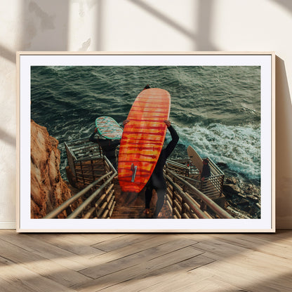 84555848-MGC-FP-36x24_Natural-Surfer Stairway Wall Art Canvas Print, Framed Ocean Surf Art Picture Print, Sunset Coastal Perfect Coastal Adventure Decor Artwork
