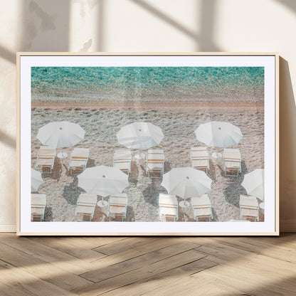 83736167-MGC-FP-36x24_Natural-Calm Beach Wall Art Canvas Print, Framed Turquoise Water Art Picture Print, Umbrella Shoreline Perfect Coastal Minimalist Decor