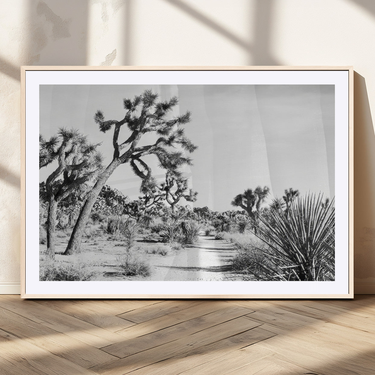 88164251-MGC-FP-36x24_Natural-Joshua Tree Wall Art Canvas Print, Framed Desert Path Art Picture Print, Monochrome Desert Perfect Minimalist Desert Decor Artwork