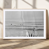 33821421-MGC-FP-36x24_Natural-Surfer Silhouette Wall Art Canvas Print, Framed Calm Ocean Art Picture Print, Monochrome Surf Perfect Minimalist Coastal Decor
