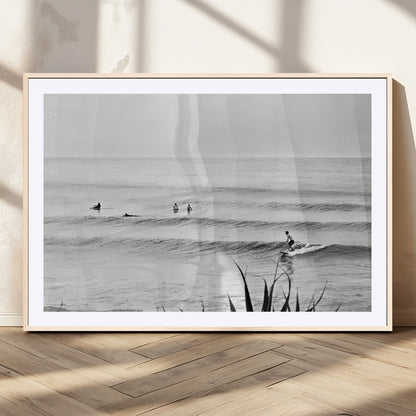 33821421-MGC-FP-36x24_Natural-Surfer Silhouette Wall Art Canvas Print, Framed Calm Ocean Art Picture Print, Monochrome Surf Perfect Minimalist Coastal Decor