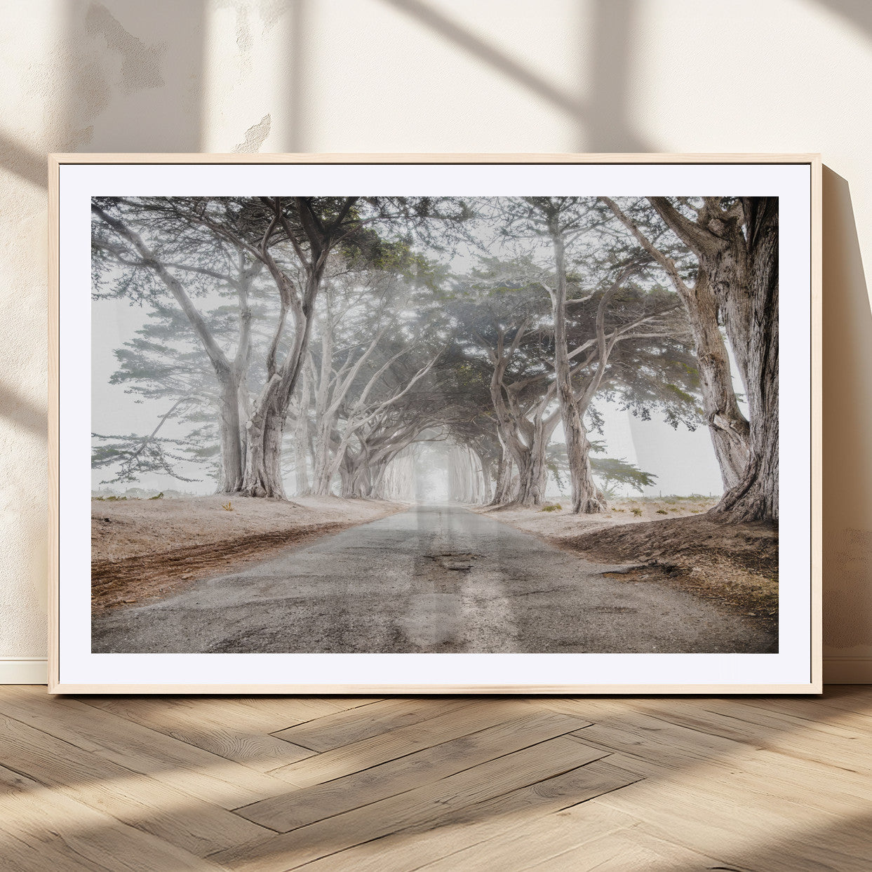 87090469-MGC-FP-36x24_Natural-Cypress Tunnel Wall Art Canvas Print, Framed Misty Road Art Picture Print, Foggy Trees Perfect Rustic Woodland Decor Artwork