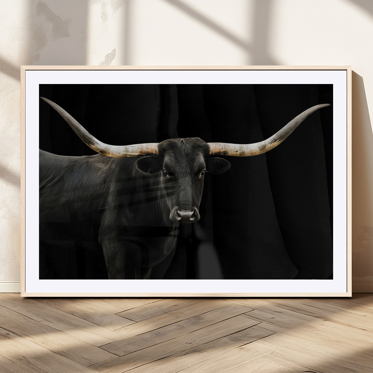 99448328-MGV-CV-36X24-Longhorn Cattle Wall Art Canvas Print, Framed Texas Ranch Art Picture Print, Western Cow Perfect Farmhouse Decor Artwork