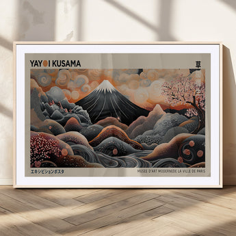 55739266-MGV-CV-36X24-Japanese Wall Art Print – Abstract Yayoi Kusama Inspired Dotted Landscape Poster, Surreal Oriental Mountain and Cherry Blossom
