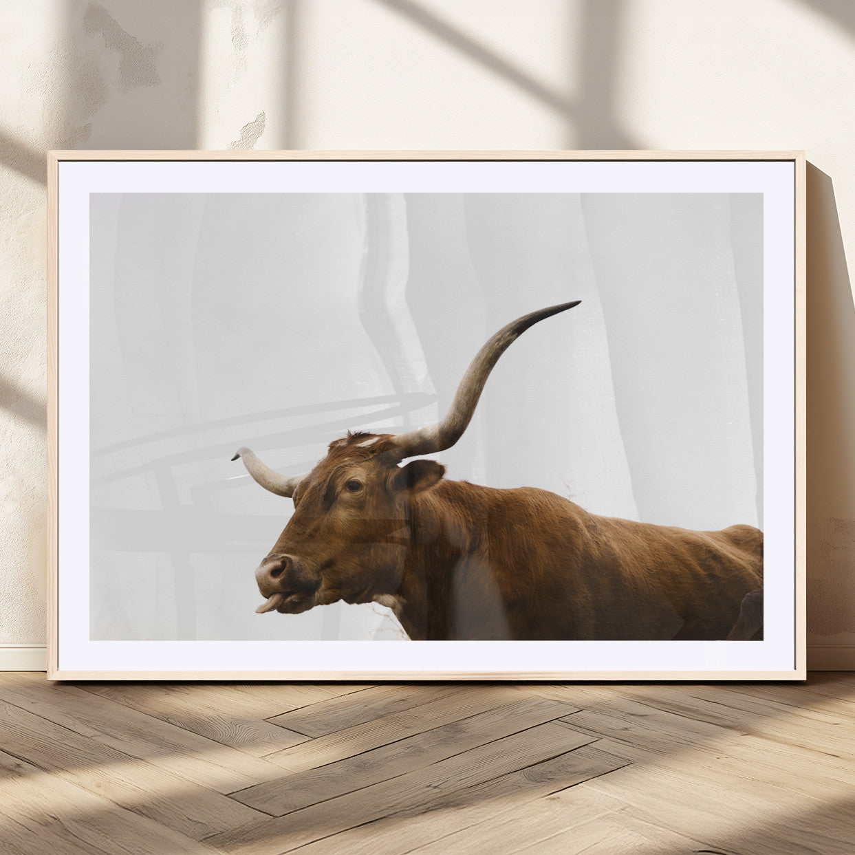 62566114-MGC-FP-36x24_Natural-Longhorn Cow Art Wall Art Canvas Print, Framed Rustic Animal Decor Art Picture Print, Texas Bull Photo Perfect Rustic Farmhouse