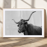 99244177-MGV-CV-36X24-Longhorn Photography Wall Art Canvas Print, Framed Western Cow Decor Art Picture Print, Black White Bull Perfect Modern Rustic