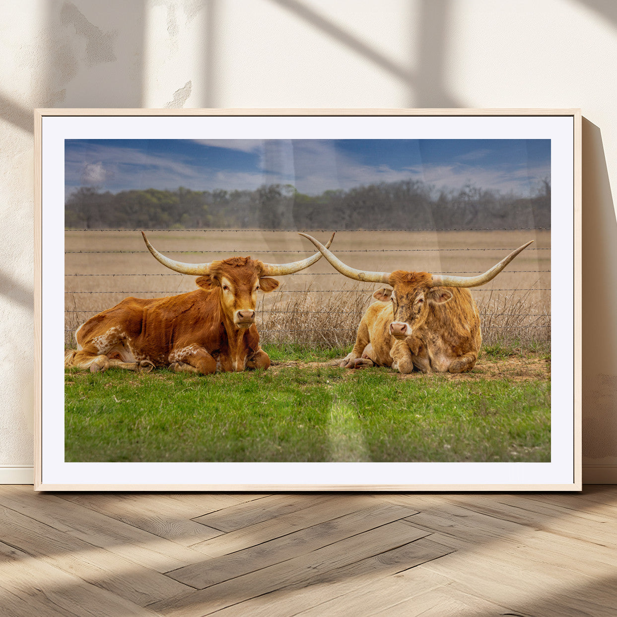 97244565-MGV-CV-36X24-Longhorn Duo Wall Art Canvas Print, Framed Cozy Ranch Vibes Art Picture Print, Western Ranch Decor Perfect Rustic Farmhouse Decor