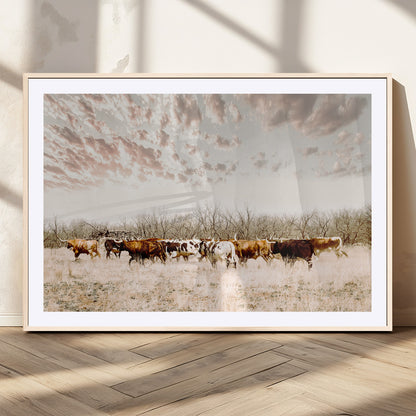 57389417-MGV-CV-36X24-Cow Herd Photography Wall Art Canvas Print, Framed Rustic Farmhouse Decor Art Picture Print, Western Ranch Style Perfect Rustic